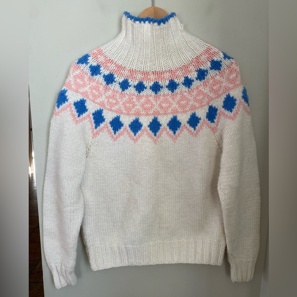 Vintage Hand-Knit Nordic Fair Isle Turtleneck Sweater Medium Cottagecore Boho - Picture 10 of 12